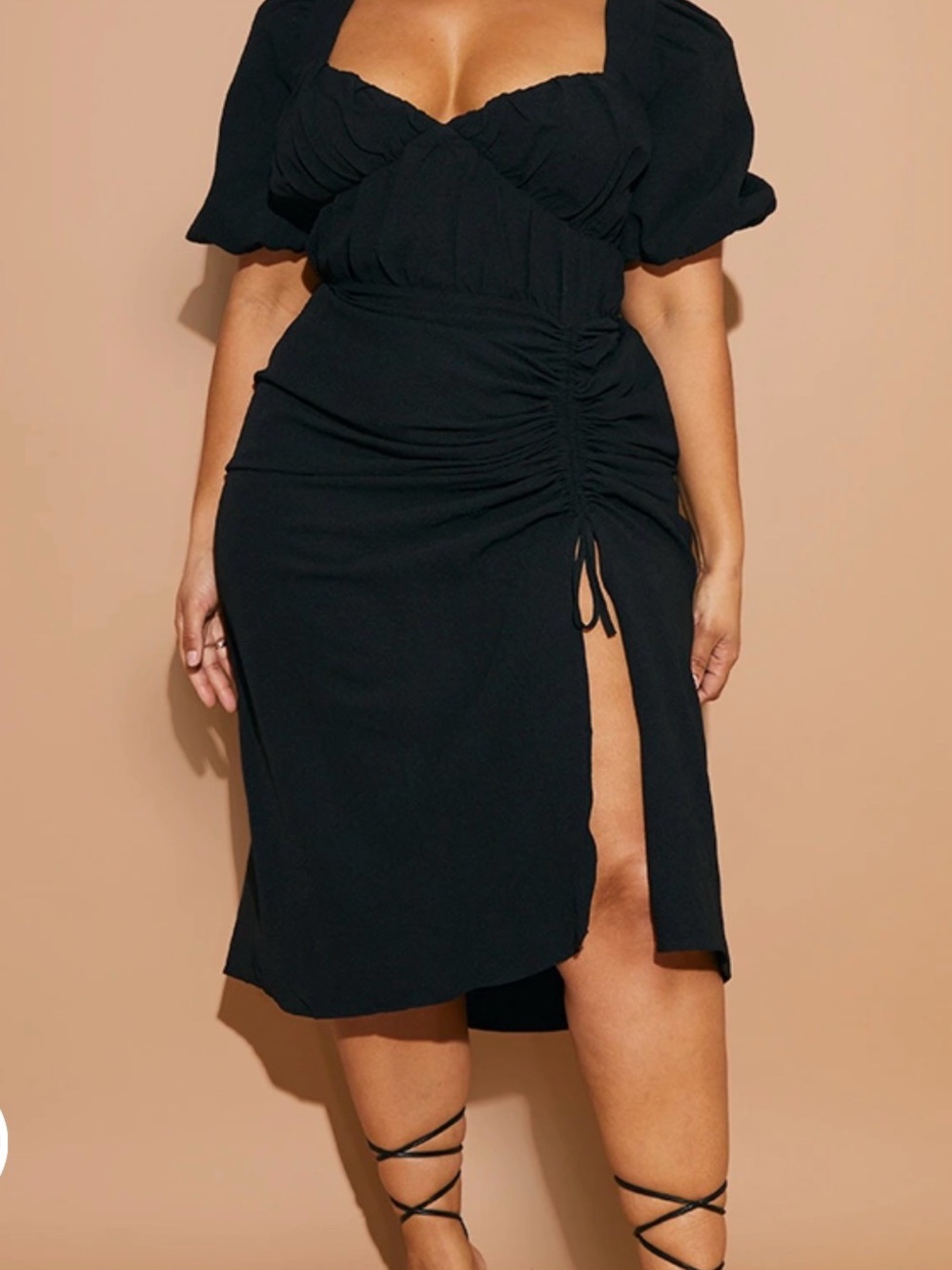 PrettyLittleThing BLACK PUFF SLEEVE RUCHED SPLIT SIDE MIDI DRESS 20